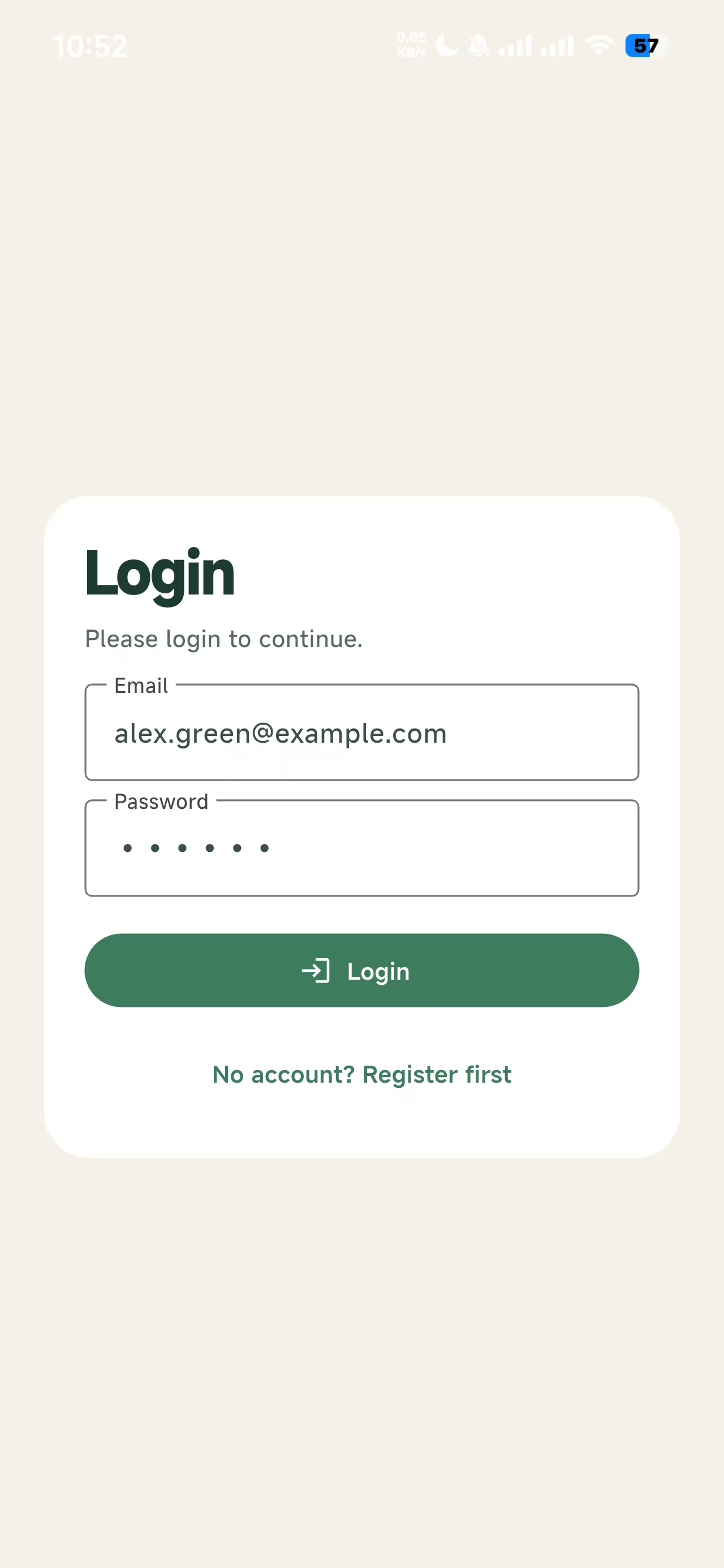 Login screen